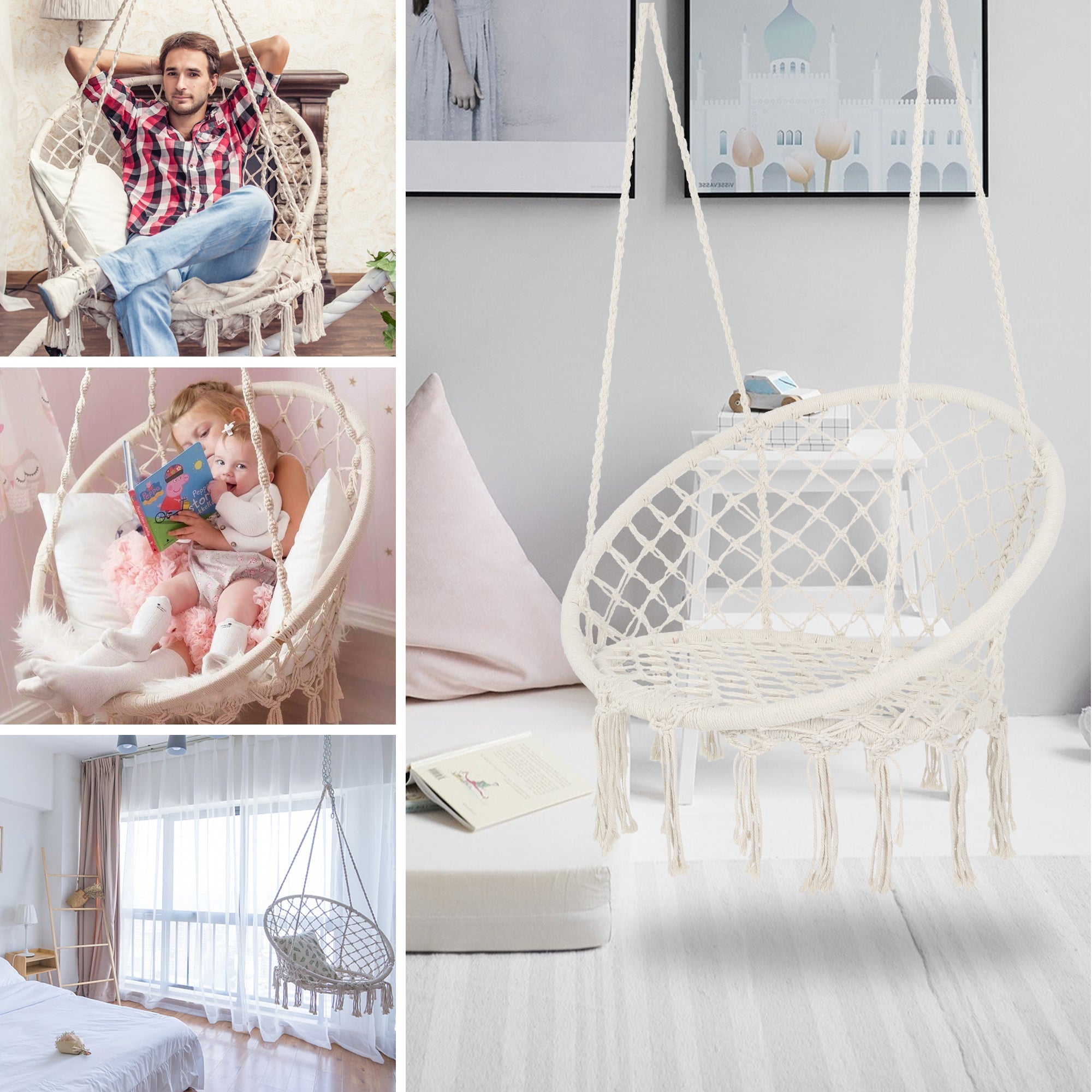 Macrame Hanging Hammock Chair - Cotton Rope Swing for Indoor/Outdoor