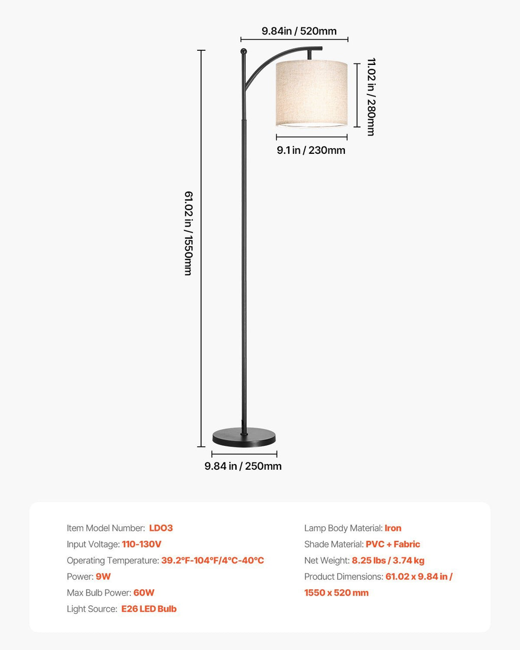 Modern Arc Floor Lamp with Adjustable Shade & Remote Control – Dimmable LED Standing Lamp for Living Room, Bedroom, or Office