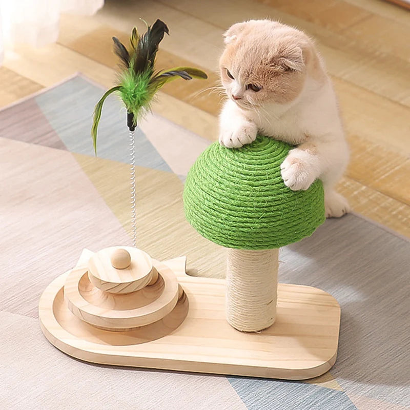 Cat Tree Scratching Post with Feather Toy & Wooden Ball Track