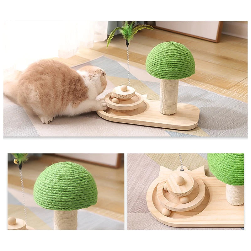 Cat Tree Scratching Post with Feather Toy & Wooden Ball Track