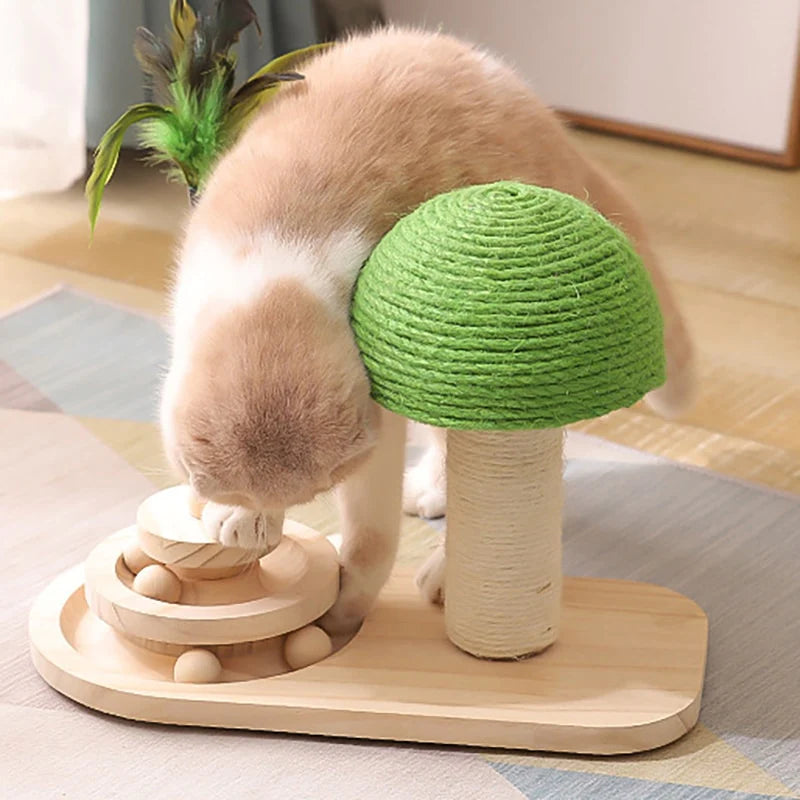 Cat Tree Scratching Post with Feather Toy & Wooden Ball Track