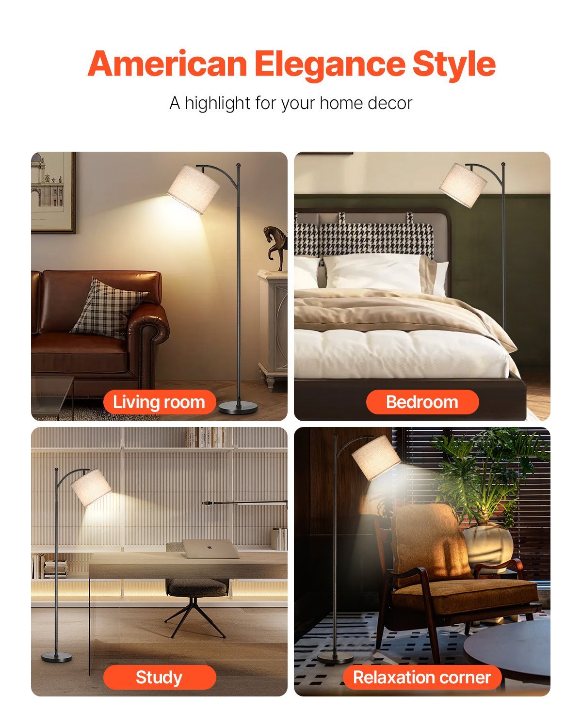 Modern Arc Floor Lamp with Adjustable Shade & Remote Control – Dimmable LED Standing Lamp for Living Room, Bedroom, or Office